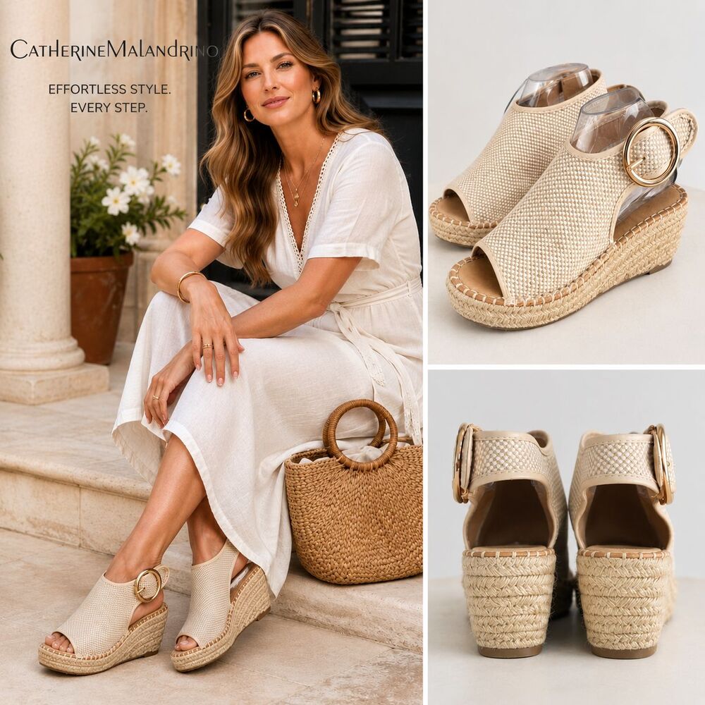 Catherine Malandrino Celio Espadrille Wedge Sandal Sz 7.5 Natural Buckle Resort